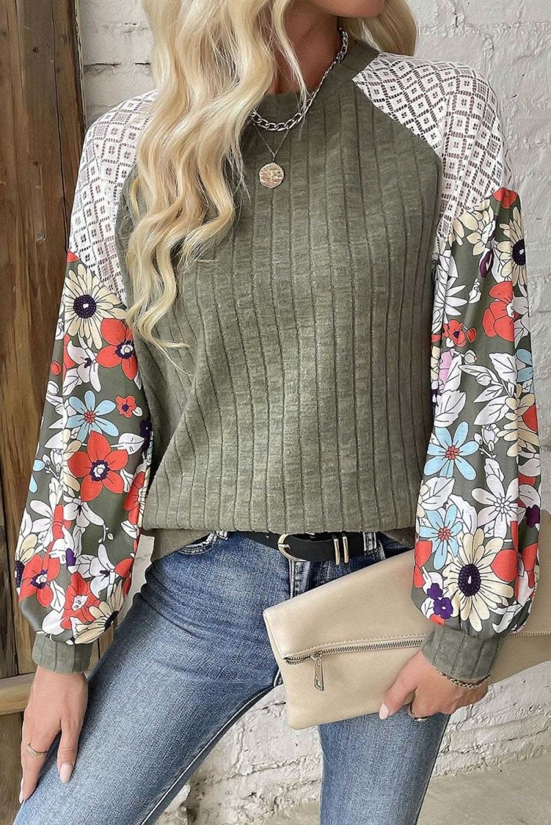 Laurel Green Floral Patchwork Long Sleeve Ribbed Blouse - Love Salve 