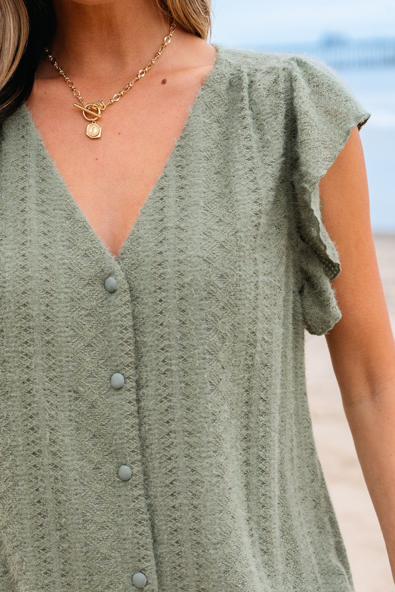 Laurel Green Flutter Sleeve Lace V Neck Shirt for Women - Love Salve