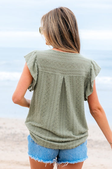 Laurel Green Flutter Sleeve Lace V Neck Shirt for Women - Love Salve 