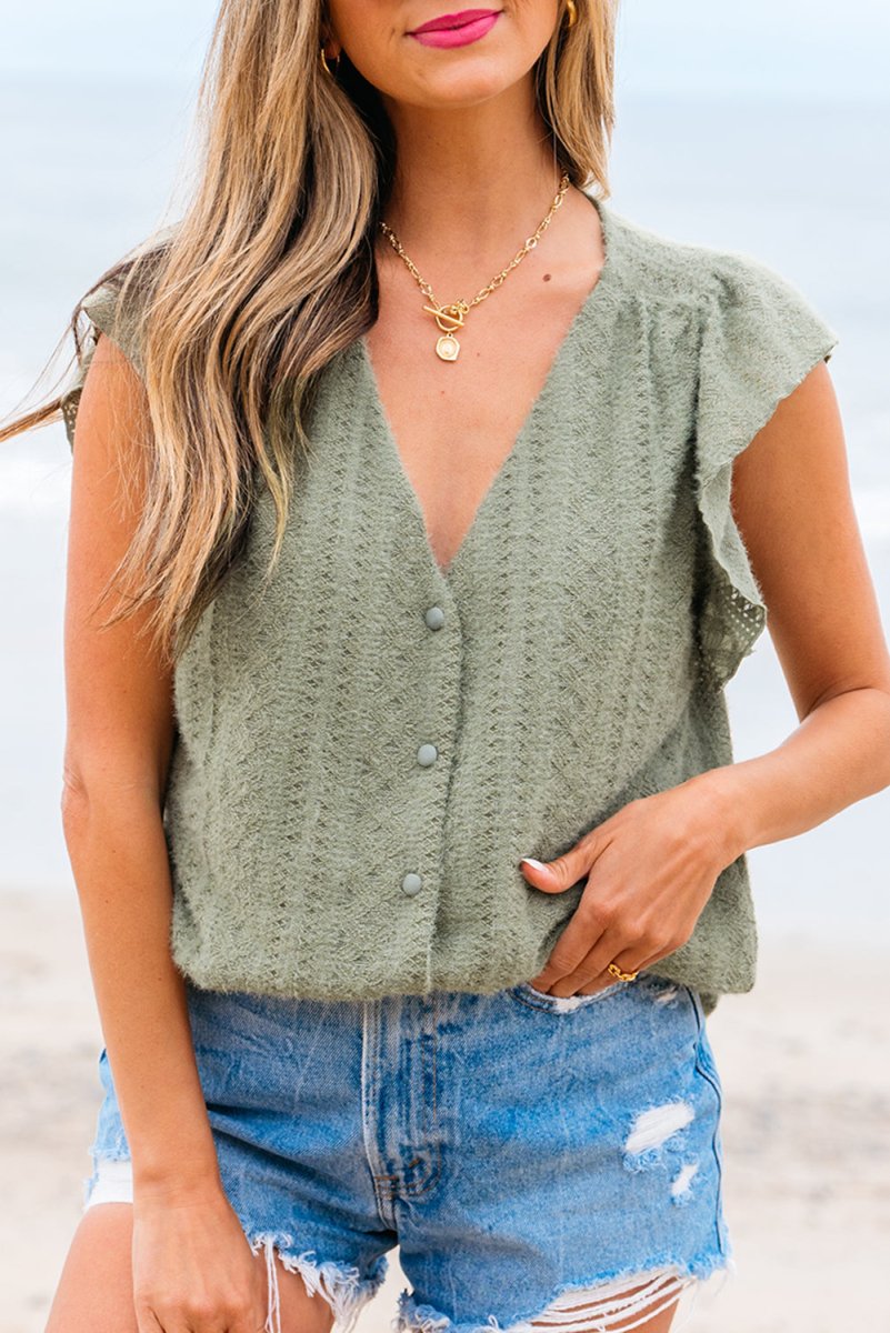 Laurel Green Flutter Sleeve Lace V Neck Shirt for Women - Love Salve