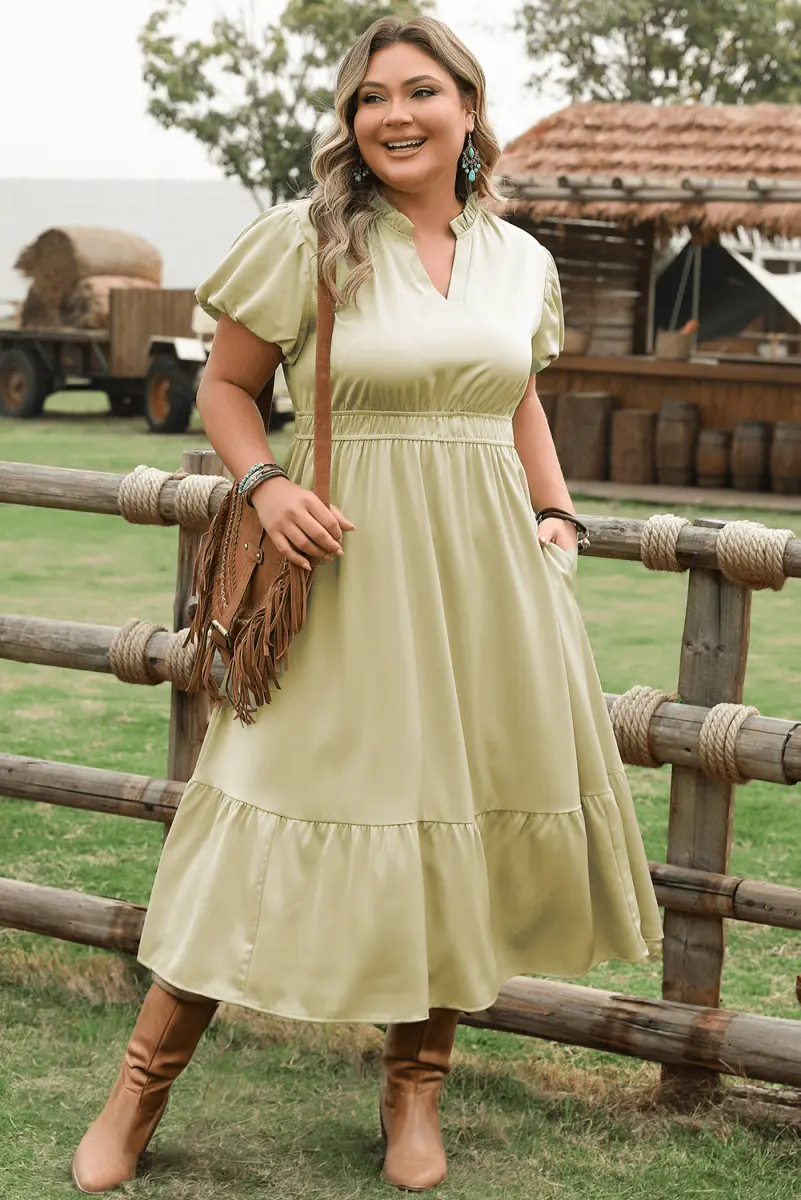 Laurel Green Puff Sleeve Plus Size Maxi Dress with Notched V Neck and Tiered Skirt - Love Salve 