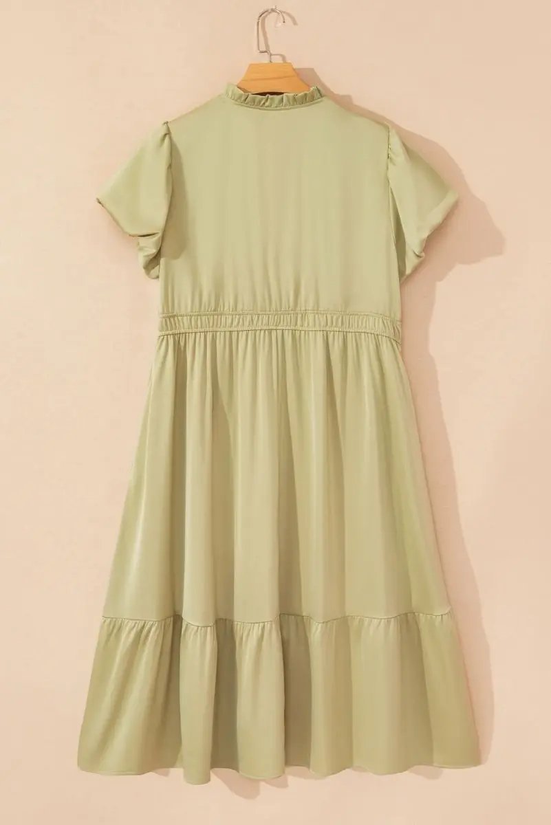 Laurel Green Puff Sleeve Plus Size Maxi Dress with Notched V Neck and Tiered Skirt - Love Salve 