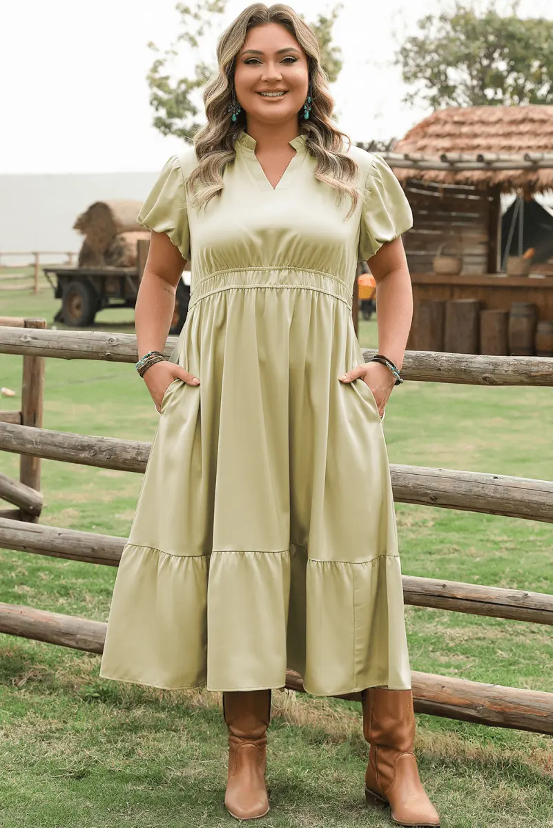 Laurel Green Puff Sleeve Plus Size Maxi Dress with Notched V Neck and Tiered Skirt - Love Salve 