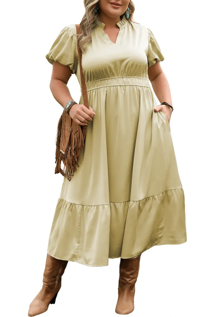 Laurel Green Puff Sleeve Plus Size Maxi Dress with Notched V Neck and Tiered Skirt - Love Salve 