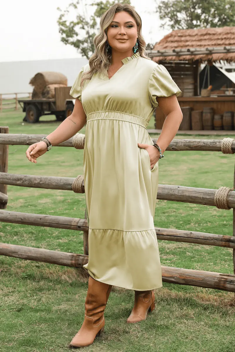 Laurel Green Puff Sleeve Plus Size Maxi Dress with Notched V Neck and Tiered Skirt - Love Salve 
