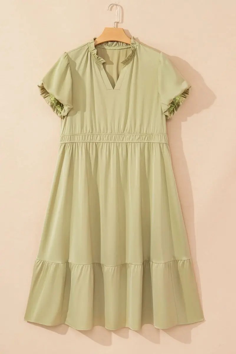 Laurel Green Puff Sleeve Plus Size Maxi Dress with Notched V Neck and Tiered Skirt - Love Salve 