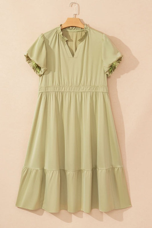 Laurel Green Puff Sleeve Plus Size Maxi Dress with Notched V Neck and Tiered Skirt - Love Salve 