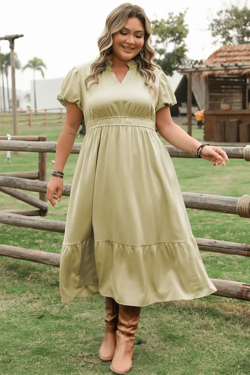 Laurel Green Puff Sleeve Plus Size Maxi Dress with Notched V Neck and Tiered Skirt - Love Salve 