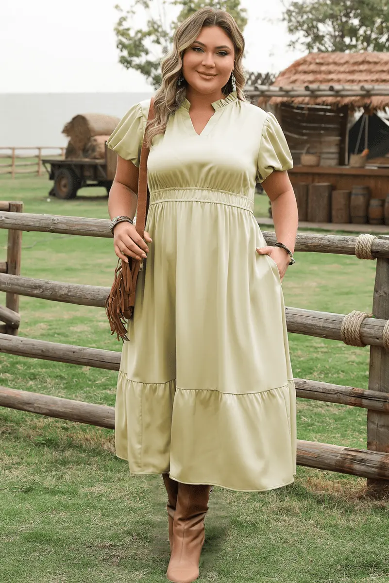 Laurel Green Puff Sleeve Plus Size Maxi Dress with Notched V Neck and Tiered Skirt - Love Salve 