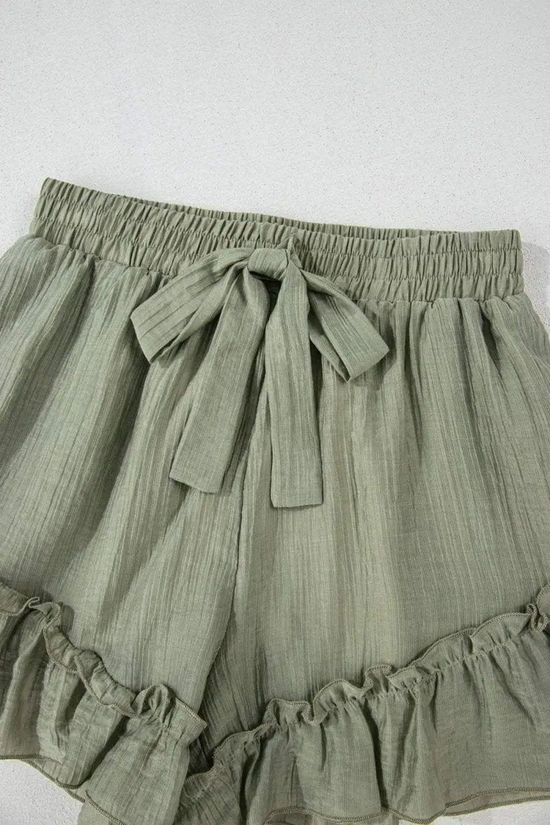 Laurel Green Ruffle Hem Tie-Waist Shorts with Textured Fabric - Love Salve 