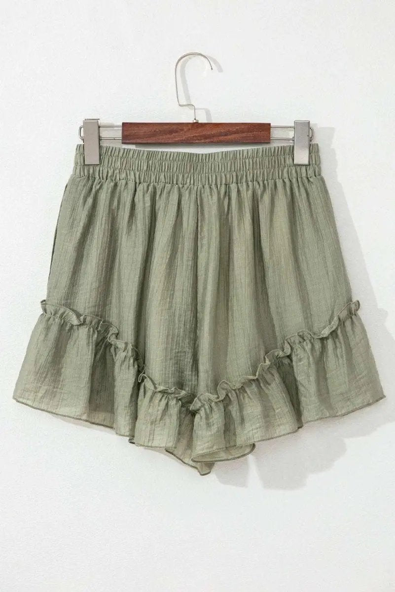 Laurel Green Ruffle Hem Tie-Waist Shorts with Textured Fabric - Love Salve 
