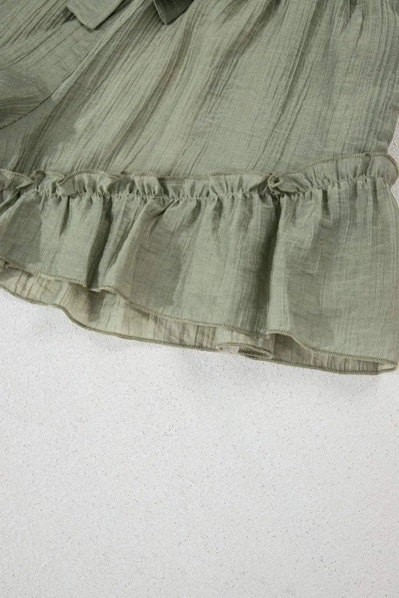 Laurel Green Ruffle Hem Tie-Waist Shorts with Textured Fabric - Love Salve 