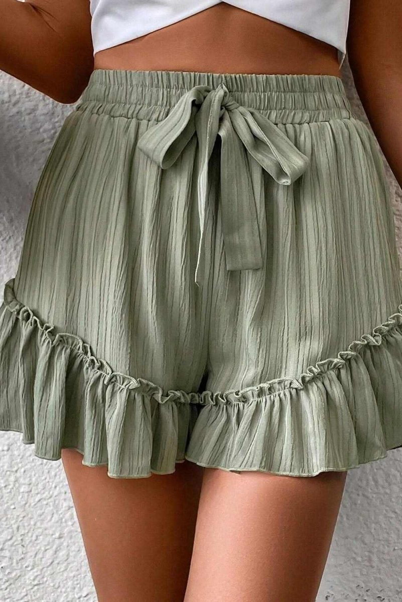 Laurel Green Ruffle Hem Tie-Waist Shorts with Textured Fabric - Love Salve 