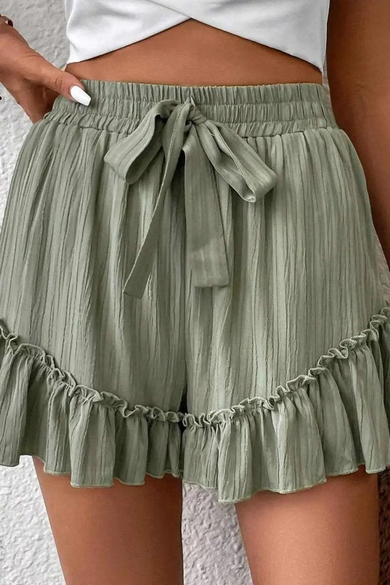 Laurel Green Ruffle Hem Tie-Waist Shorts with Textured Fabric - Love Salve 