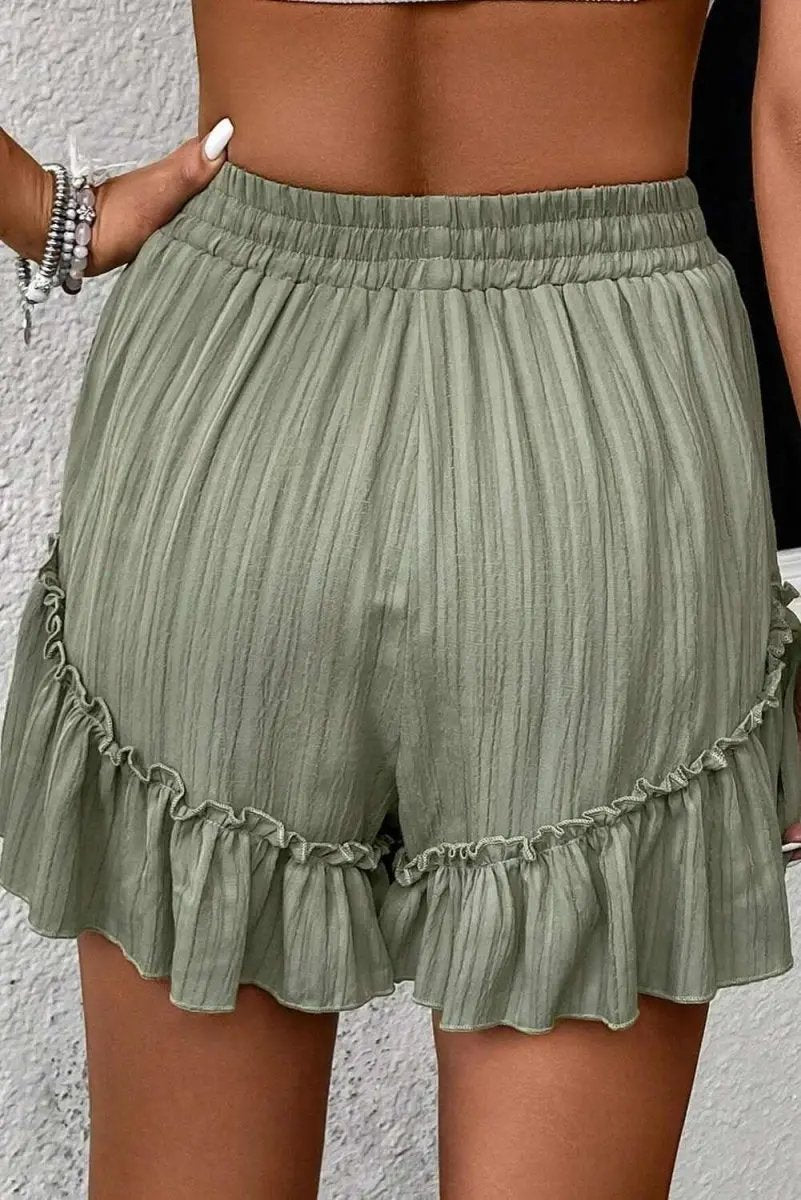 Laurel Green Ruffle Hem Tie-Waist Shorts with Textured Fabric - Love Salve 