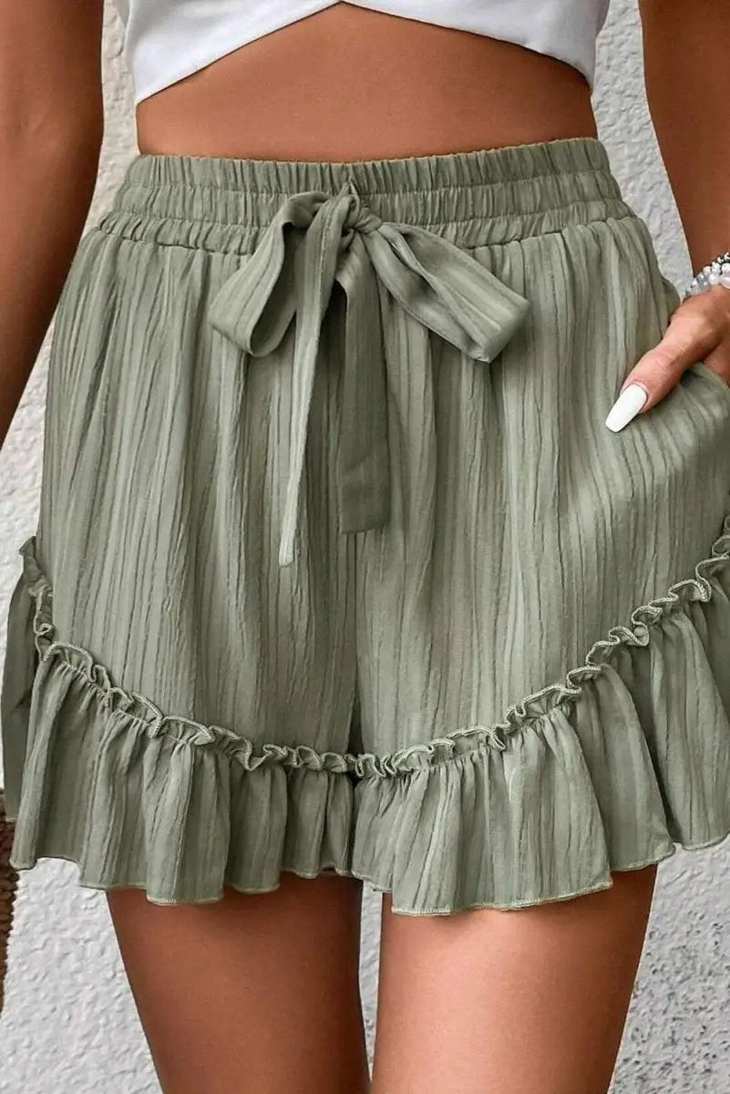 Laurel Green Ruffle Hem Tie-Waist Shorts with Textured Fabric - Love Salve 