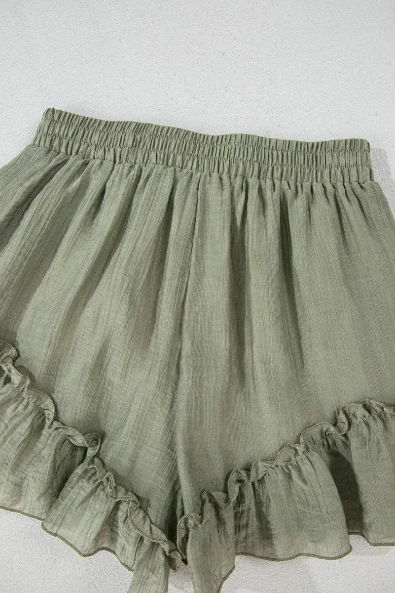 Laurel Green Ruffle Hem Tie-Waist Shorts with Textured Fabric - Love Salve 