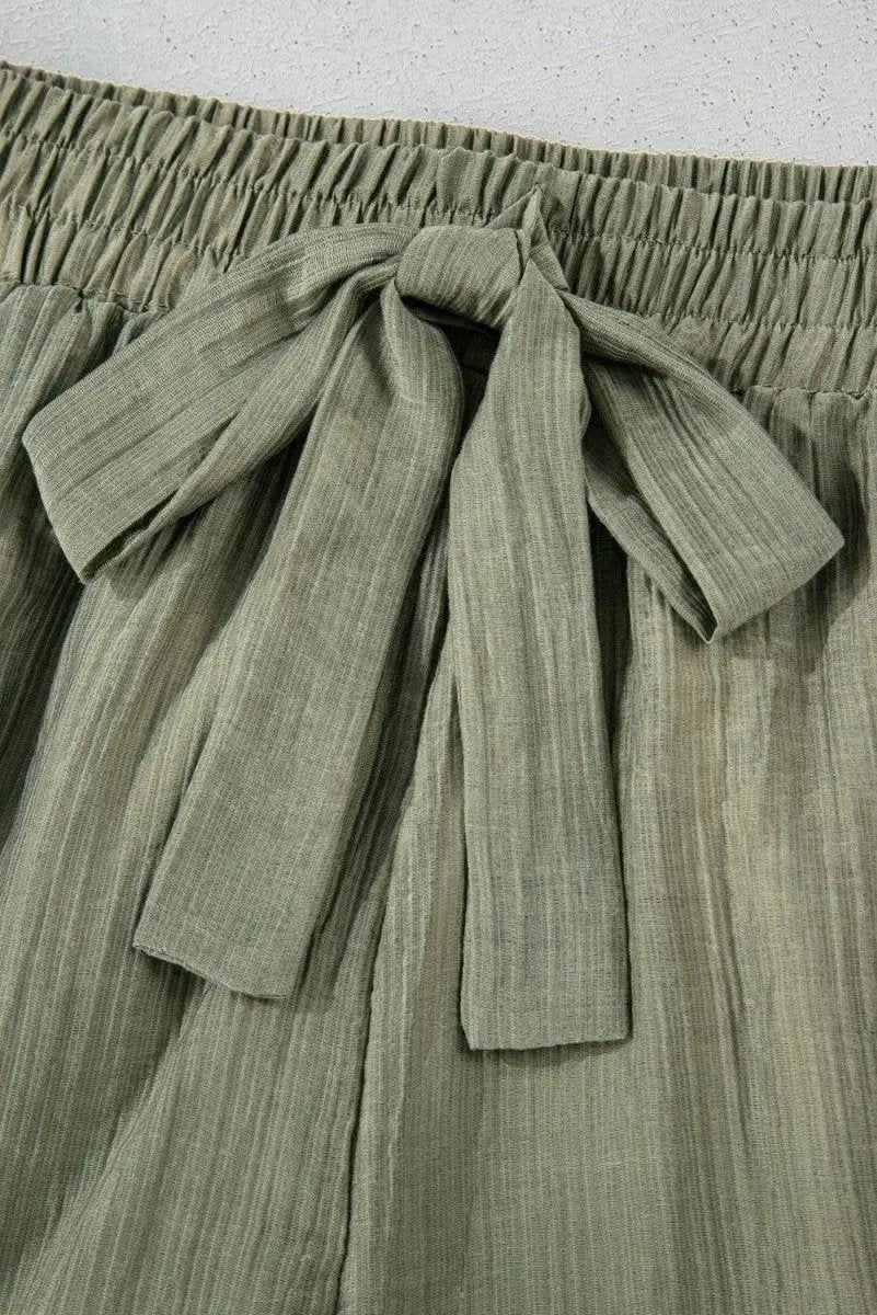 Laurel Green Ruffle Hem Tie-Waist Shorts with Textured Fabric - Love Salve 