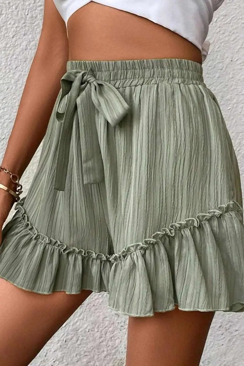 Laurel Green Ruffle Hem Tie-Waist Shorts with Textured Fabric - Love Salve 