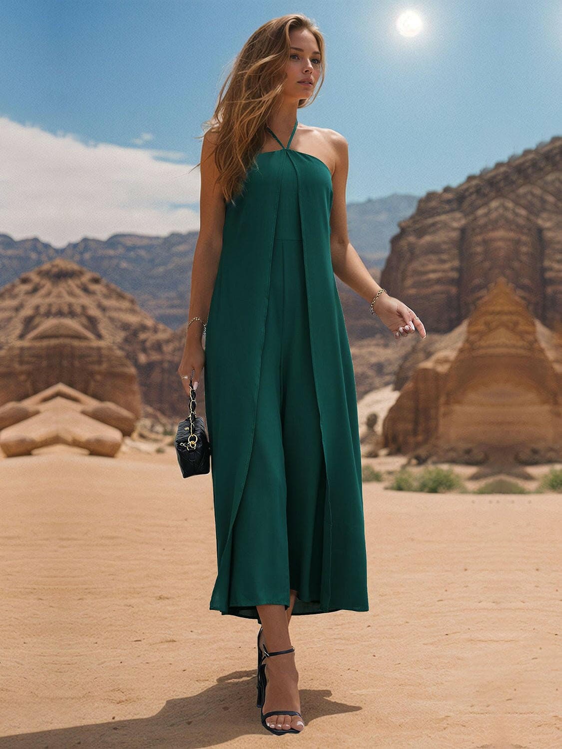 Chic sheer halter wide leg jumpsuit in a scenic desert setting.