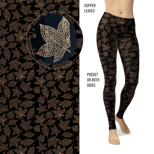 Copper Leaves Leggings with Copper Glitter and Pockets MM