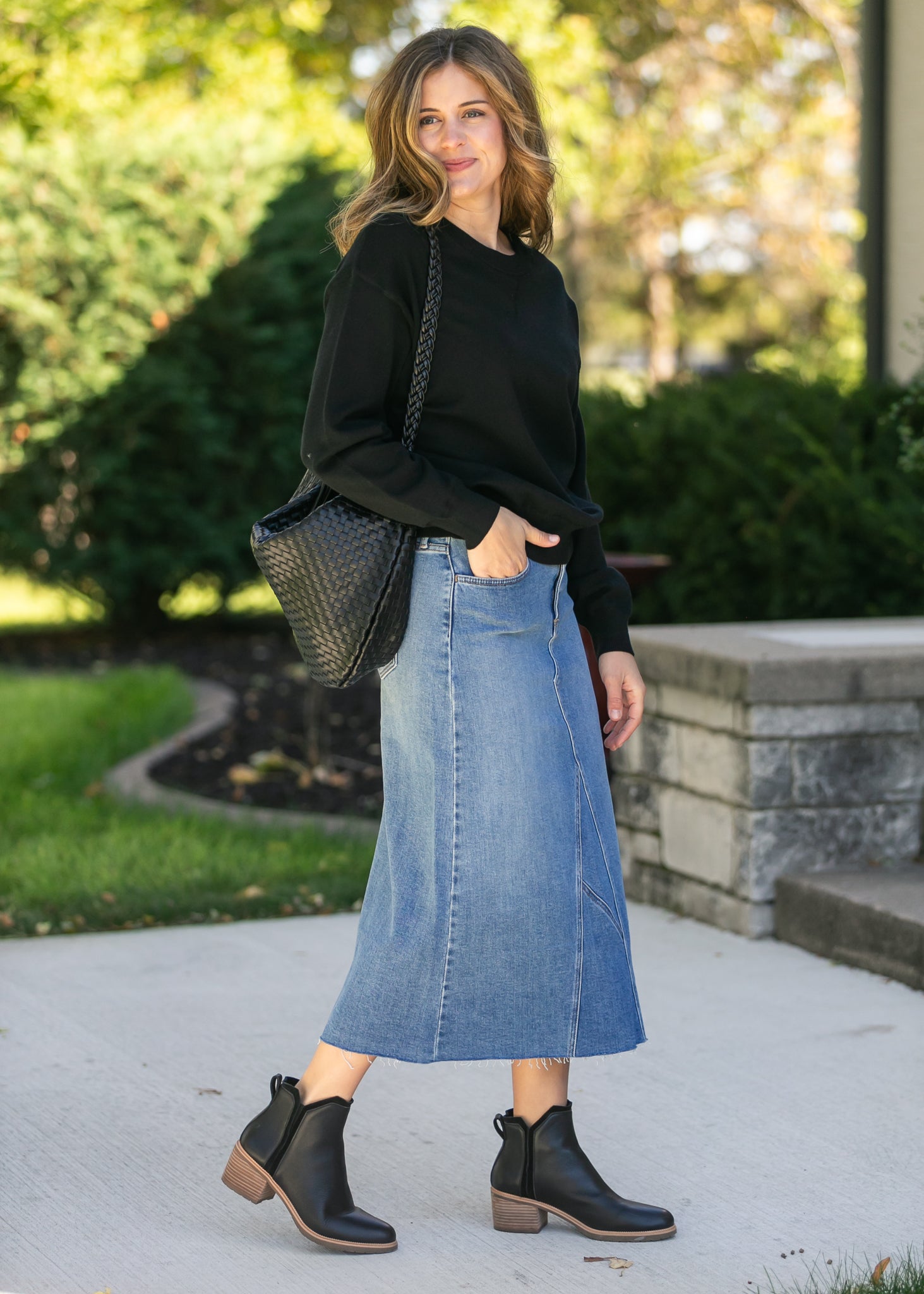 Lee A-Line Raw Hem Midi Skirt Inherit Co.