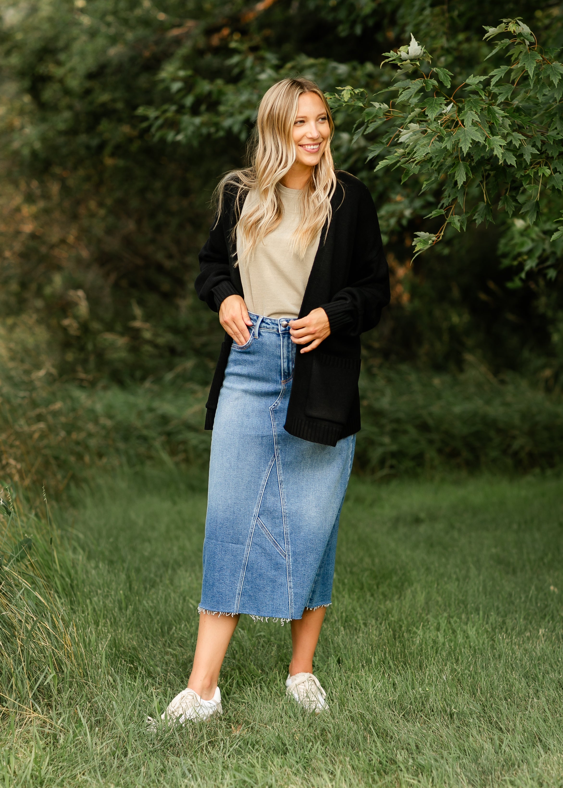 Lee A-Line Raw Hem Midi Skirt Inherit Co.