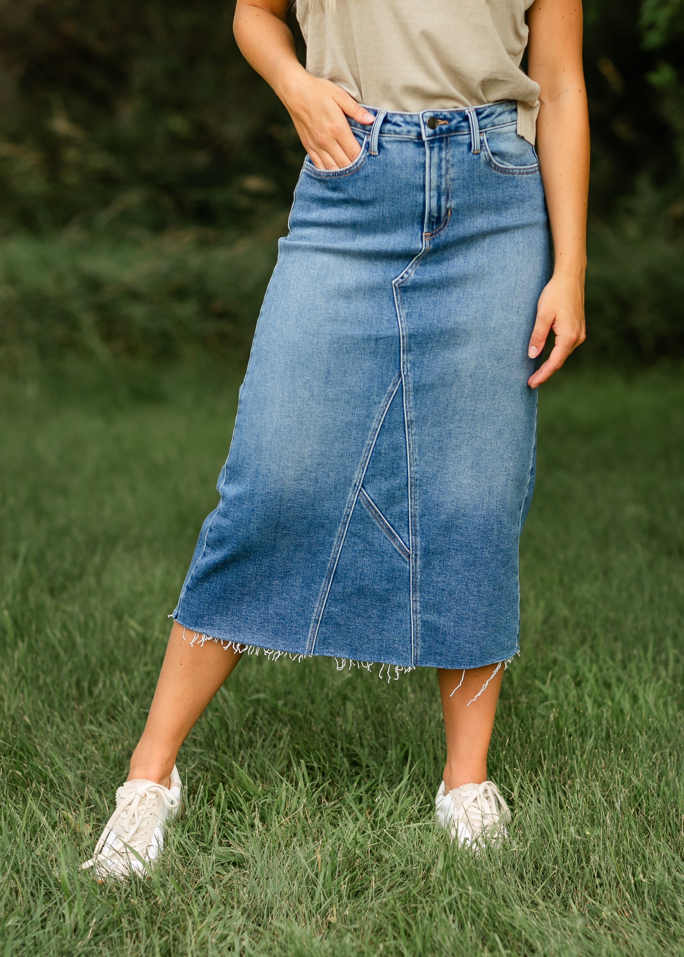 Lee A-Line Raw Hem Midi Skirt Inherit Co.