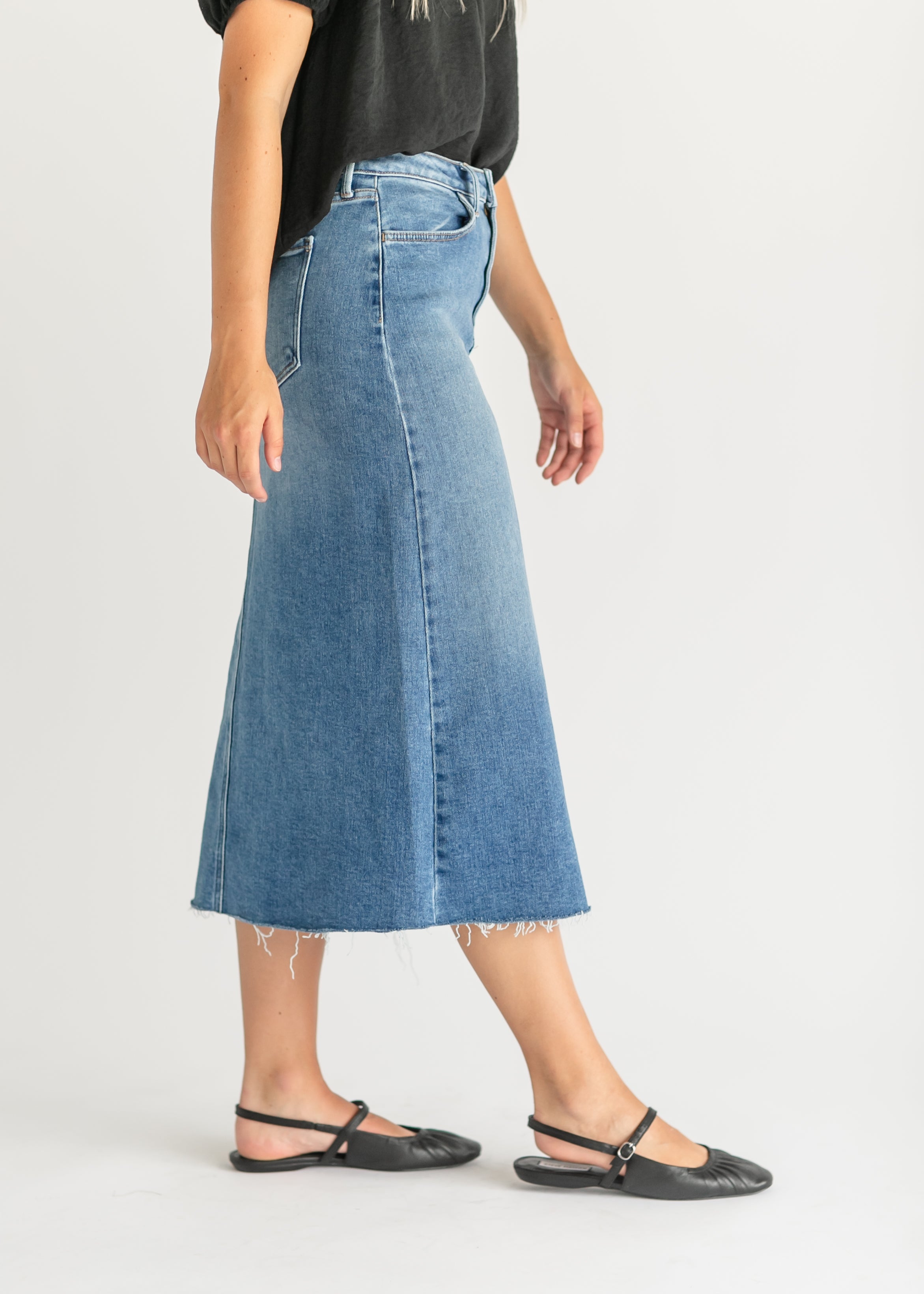Lee A-Line Raw Hem Midi Skirt Inherit Co.