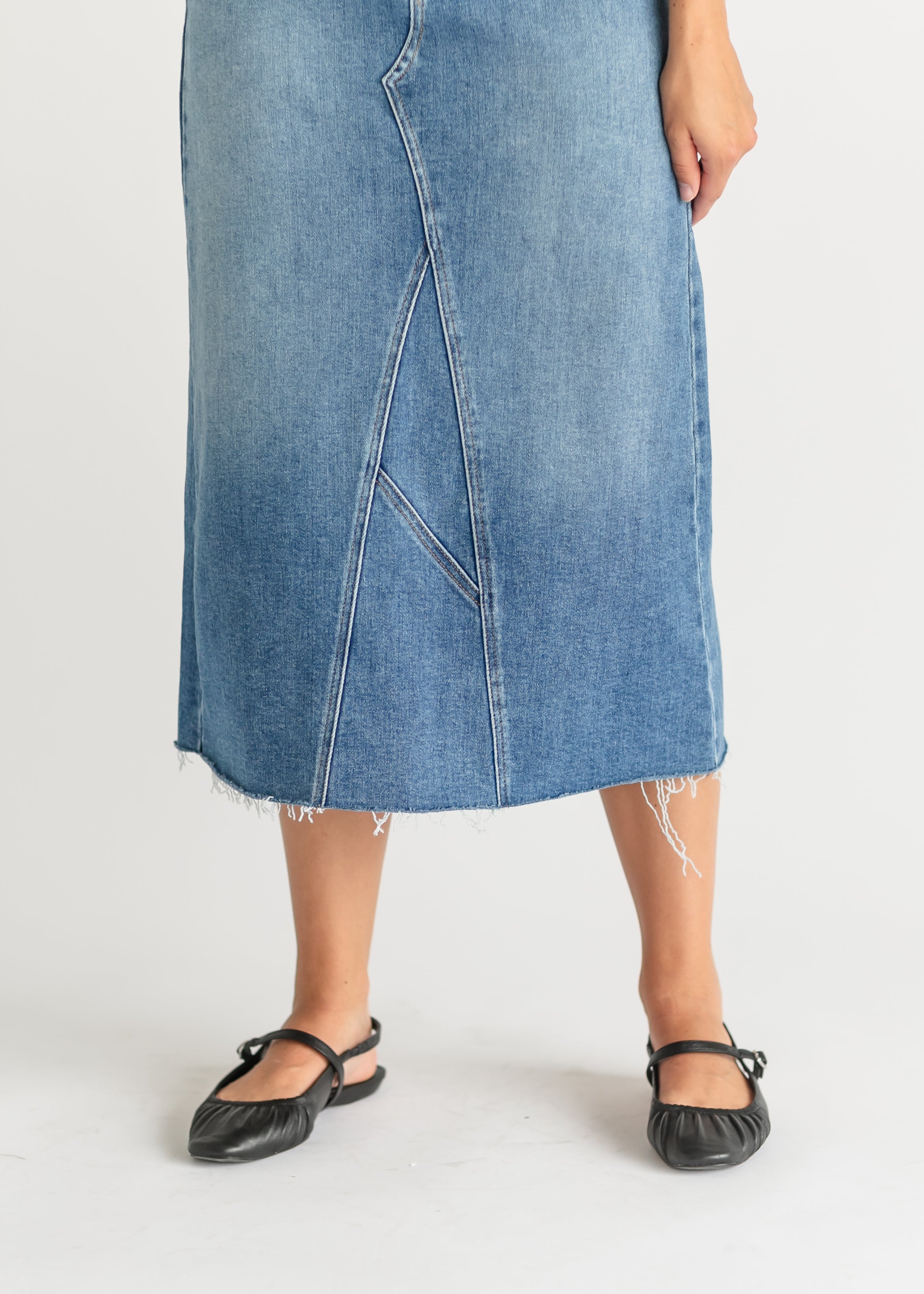 Lee A-Line Raw Hem Midi Skirt Inherit Co.
