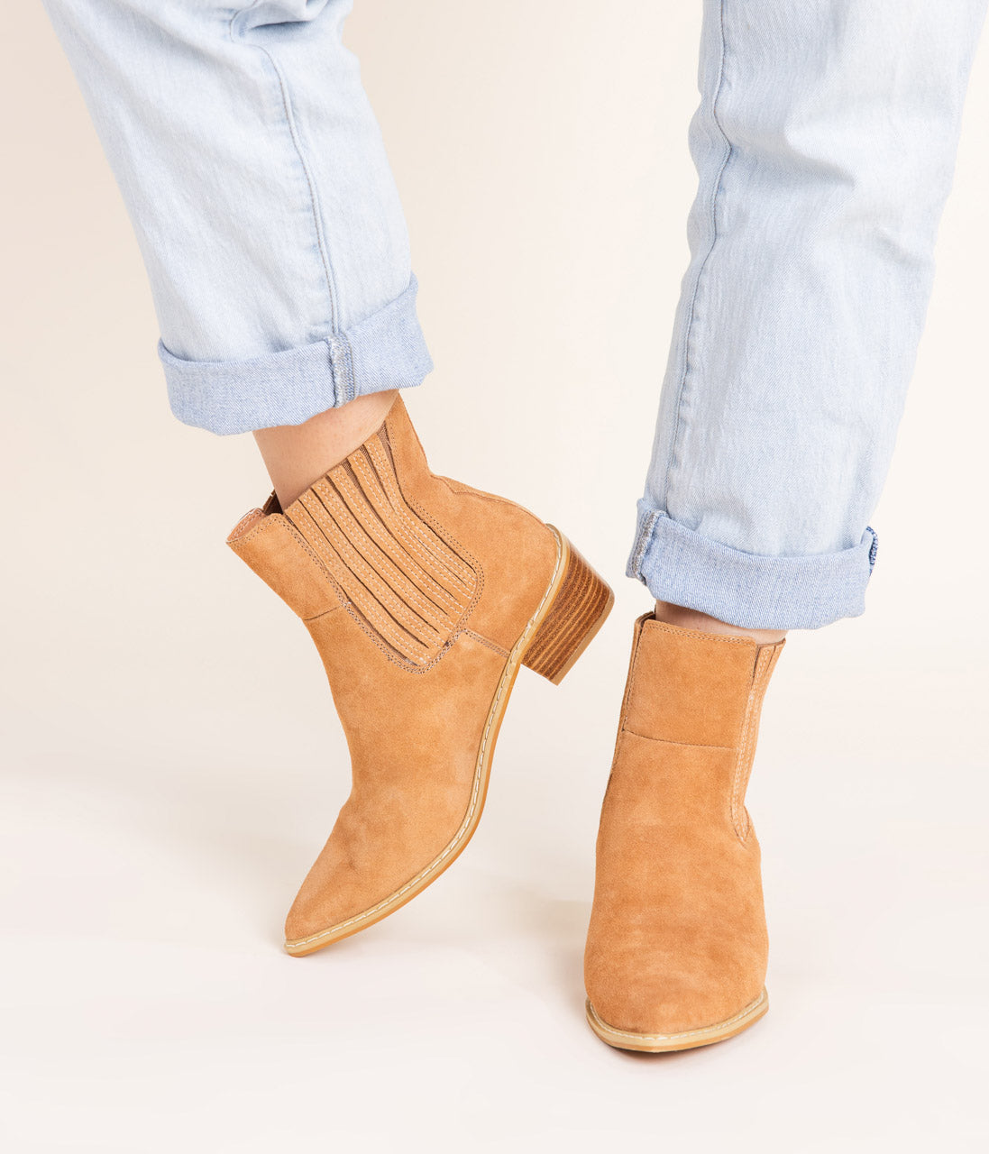 Leonor Suede Ankle Boot Tan With Elastic Sides And Pull Tab Naughty Monkey