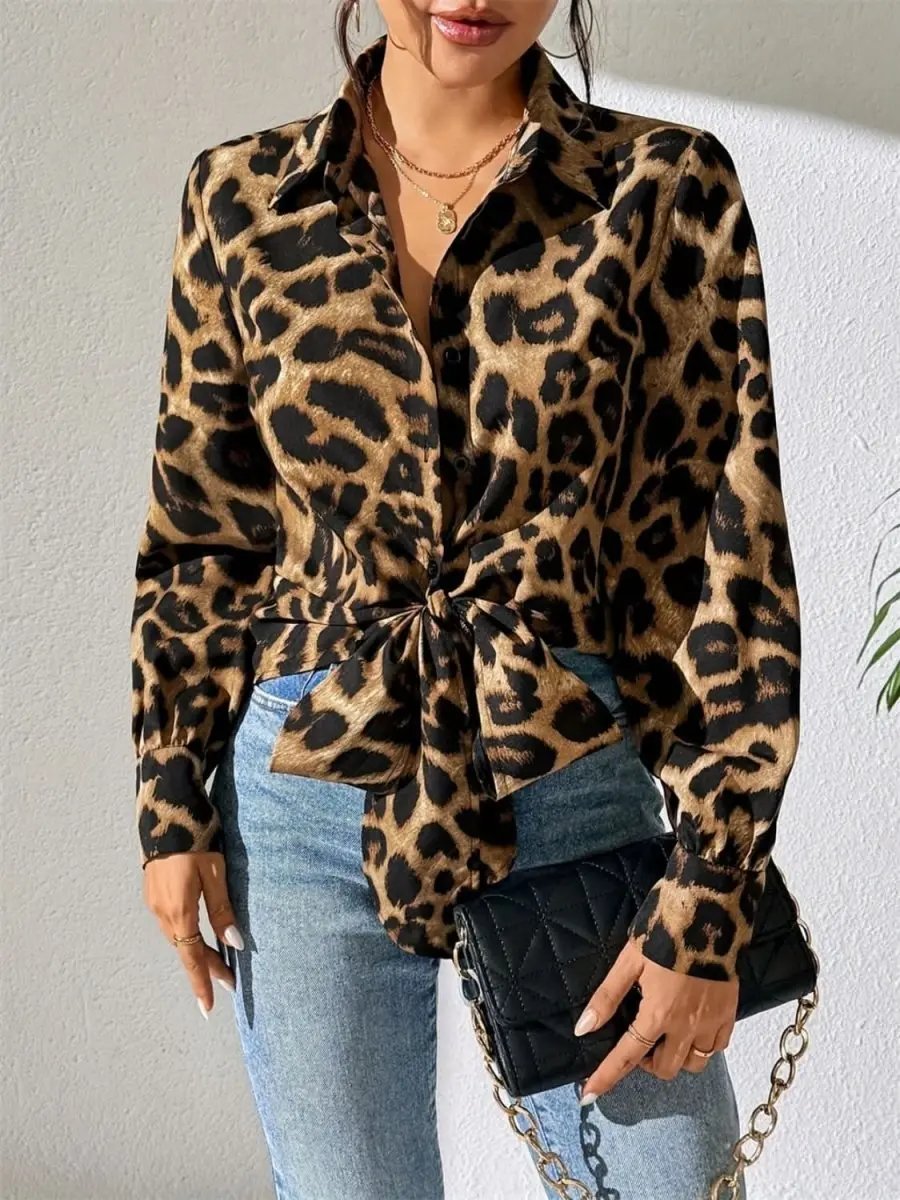 Leopard Collared Neck Long Sleeve Shirt - Love Salve 