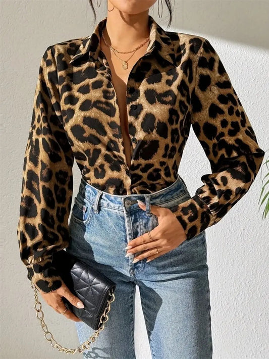 Leopard Collared Neck Long Sleeve Shirt - Love Salve 