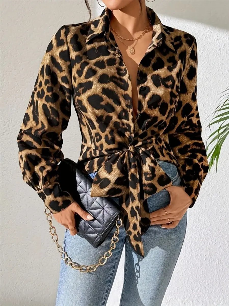 Leopard Collared Neck Long Sleeve Shirt - Love Salve 