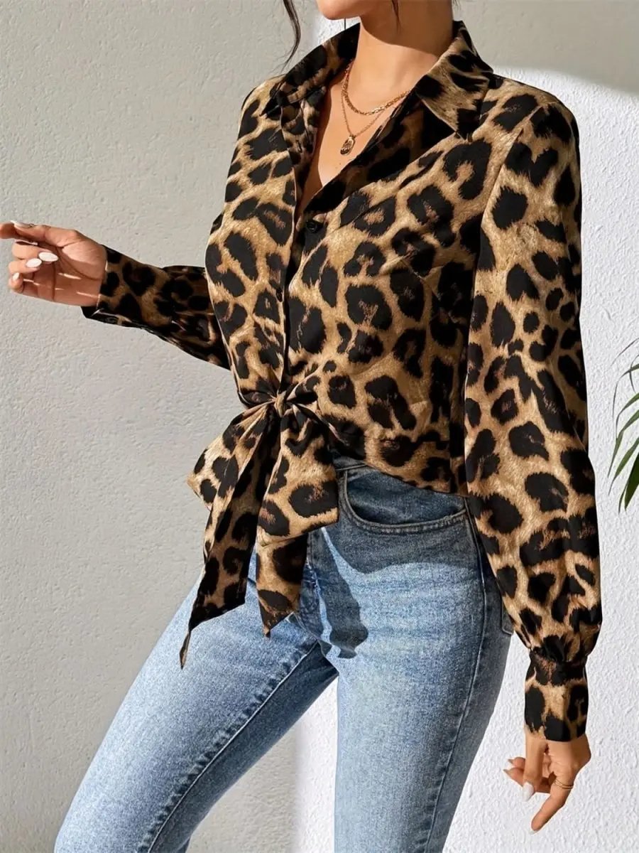 Leopard Collared Neck Long Sleeve Shirt - Love Salve 