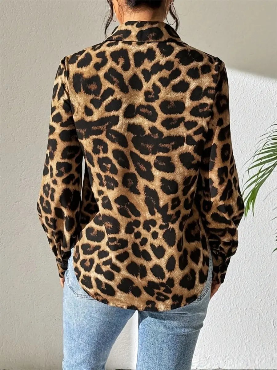 Leopard Collared Neck Long Sleeve Shirt - Love Salve 