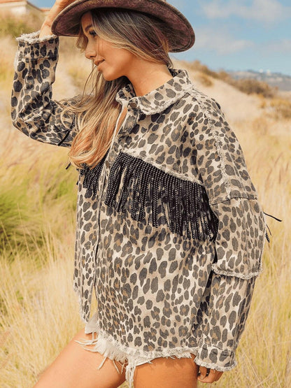 Leopard Fringe Detail Collared Neck Denim Jacket - Love Salve