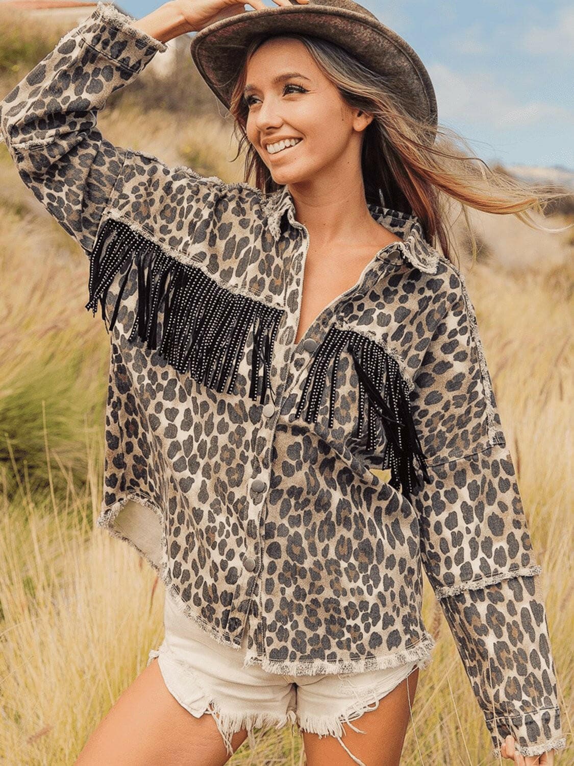 Leopard Fringe Detail Collared Neck Denim Jacket - Love Salve