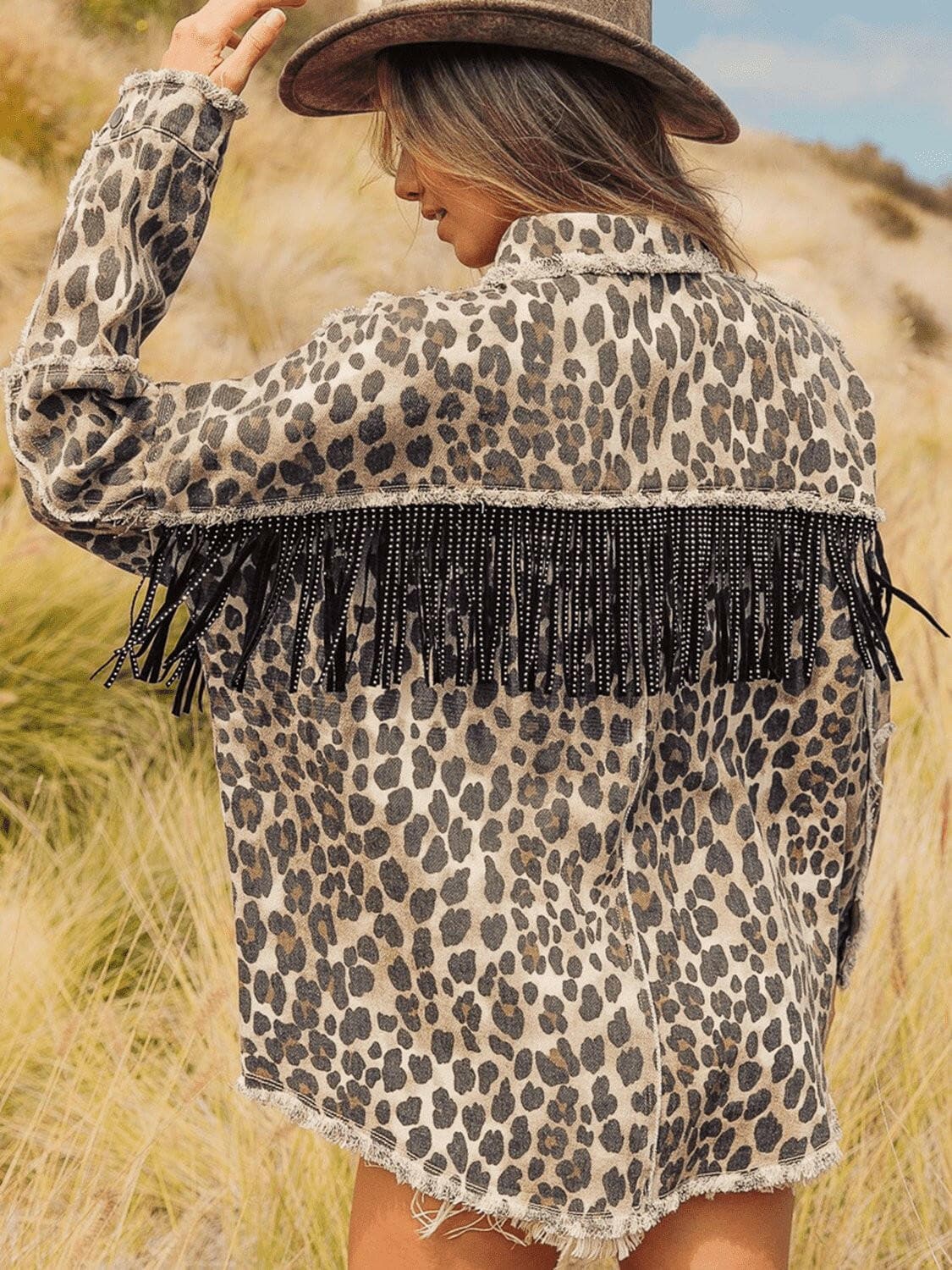 Leopard Fringe Detail Collared Neck Denim Jacket - Love Salve