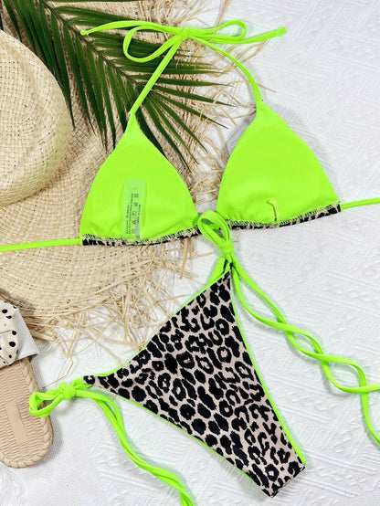 Leopard Print Halter Neck Tie Side Bikini Set - Love Salve