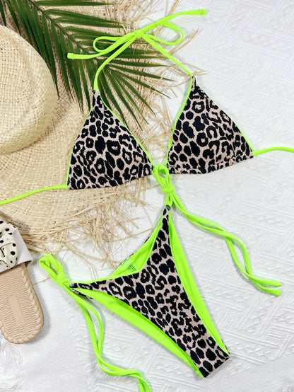 Leopard Print Halter Neck Tie Side Bikini Set - Love Salve