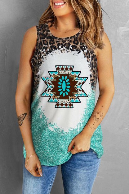 Leopard sleeveless tank top with aztec design and sheer fabric.