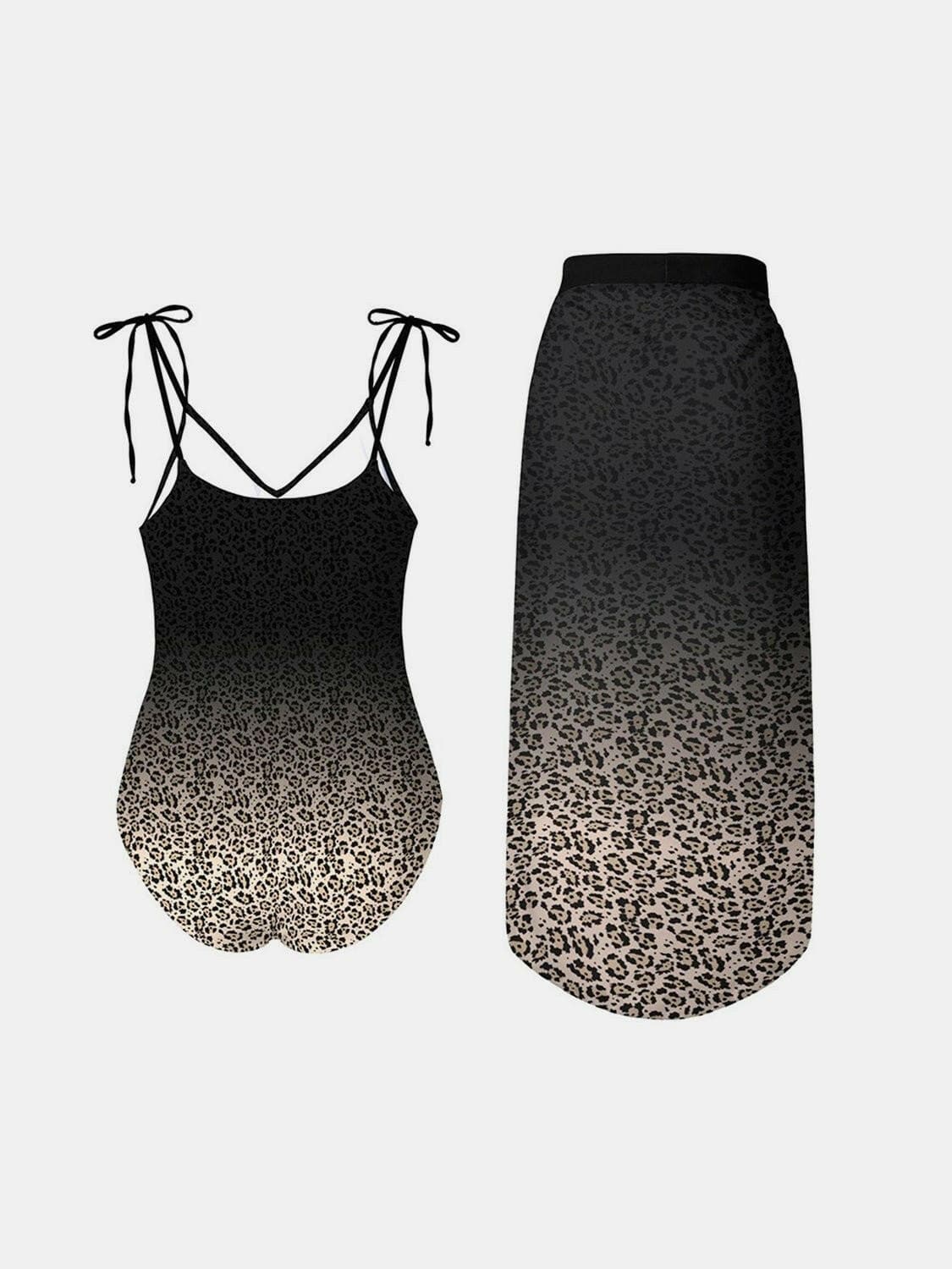 Leopard Tie Shoulder Swimwear and Skirt Swim Set - Love Salve