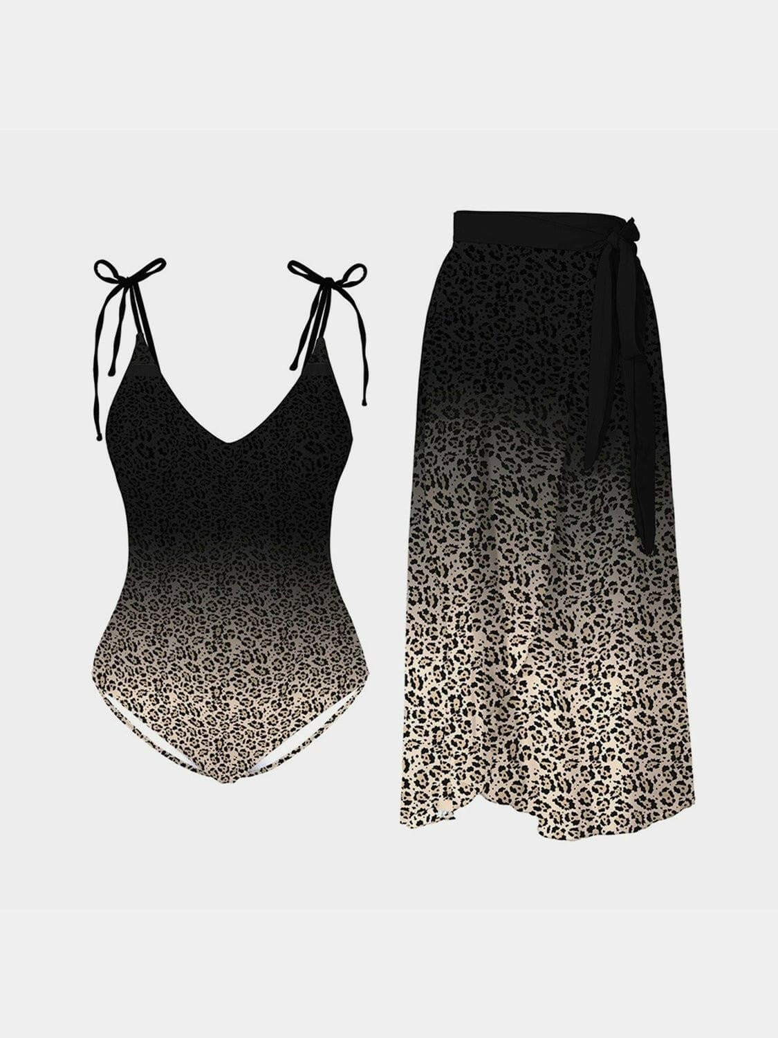 Leopard Tie Shoulder Swimwear and Skirt Swim Set - Love Salve