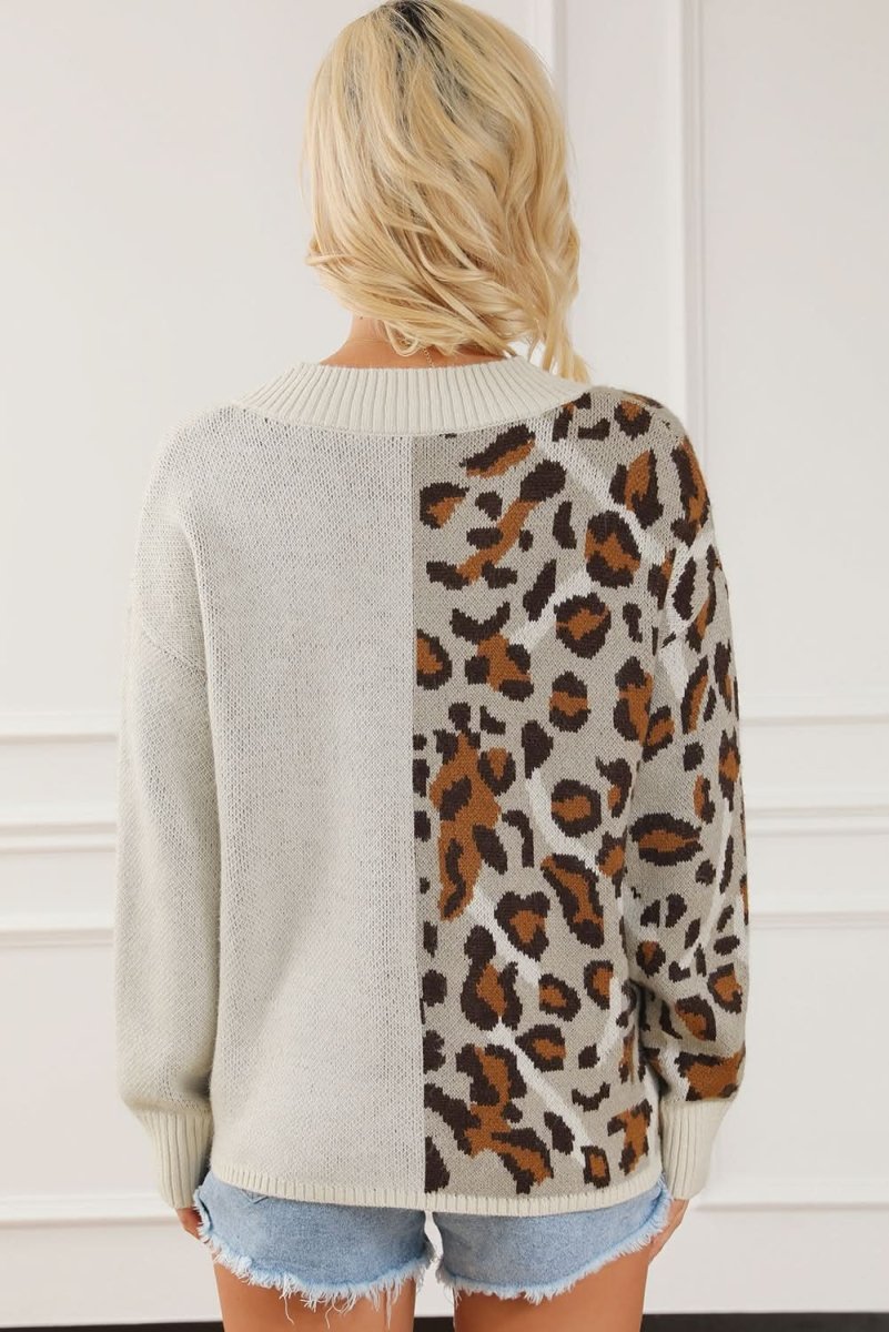 Leopard V Neck Drop Shoulder Sweater - Love Salve 