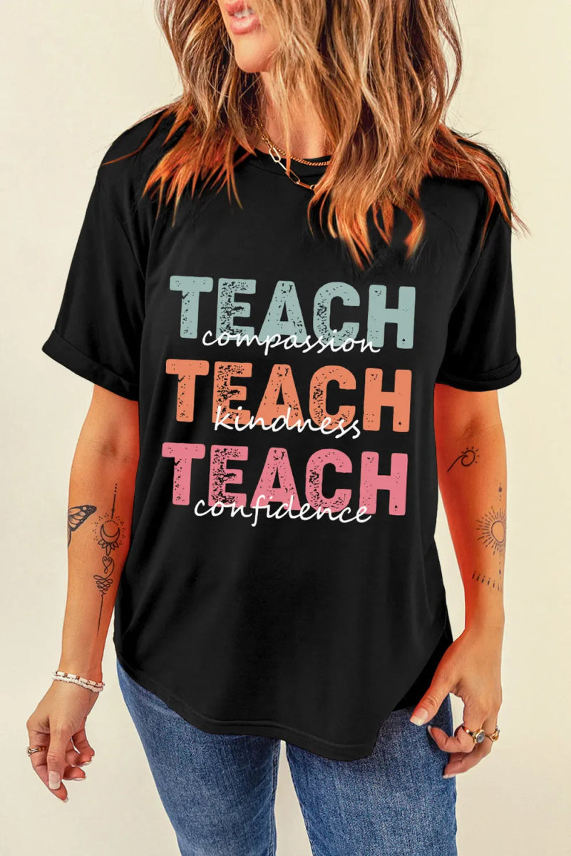 Letter Graphic Round Neck Short Sleeve T-Shirt for Women - Love Salve 