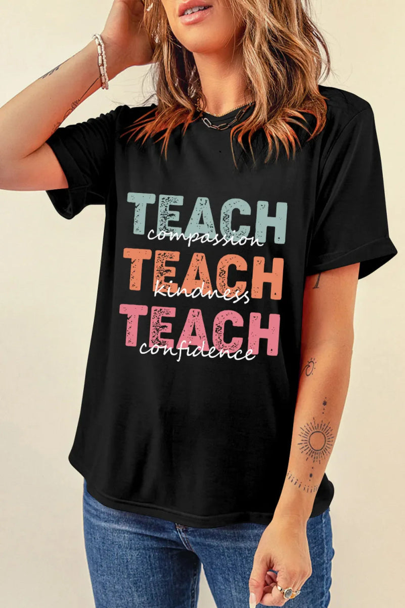 Letter Graphic Round Neck Short Sleeve T-Shirt for Women - Love Salve 