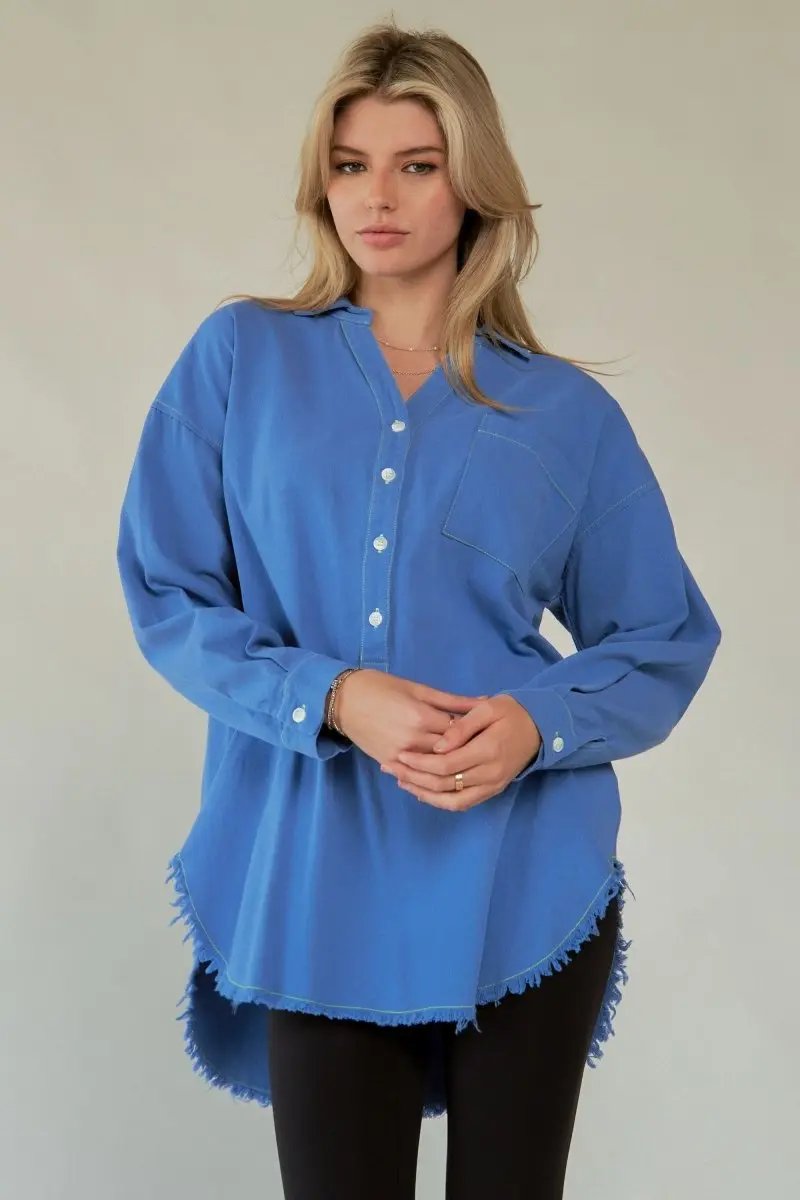 Lettered Back Raw Hem Button-Up Top - Love Salve 