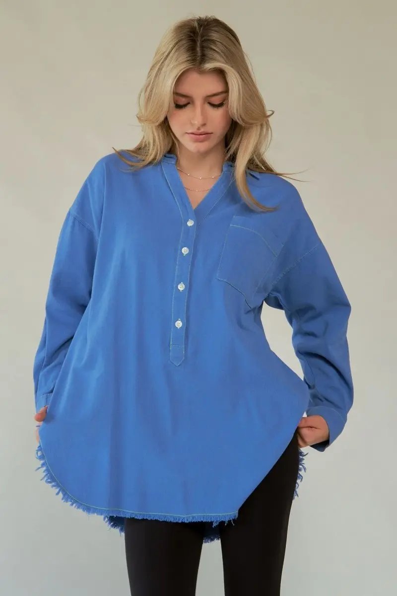 Lettered Back Raw Hem Button-Up Top - Love Salve 