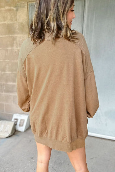 Light Beige Ribbed Knit Cardigan with Exposed Seams and Pockets - Love Salve